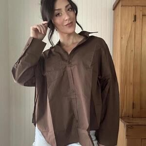 Oversized chocolate brown cotton button up from Mimosa. New with tags.